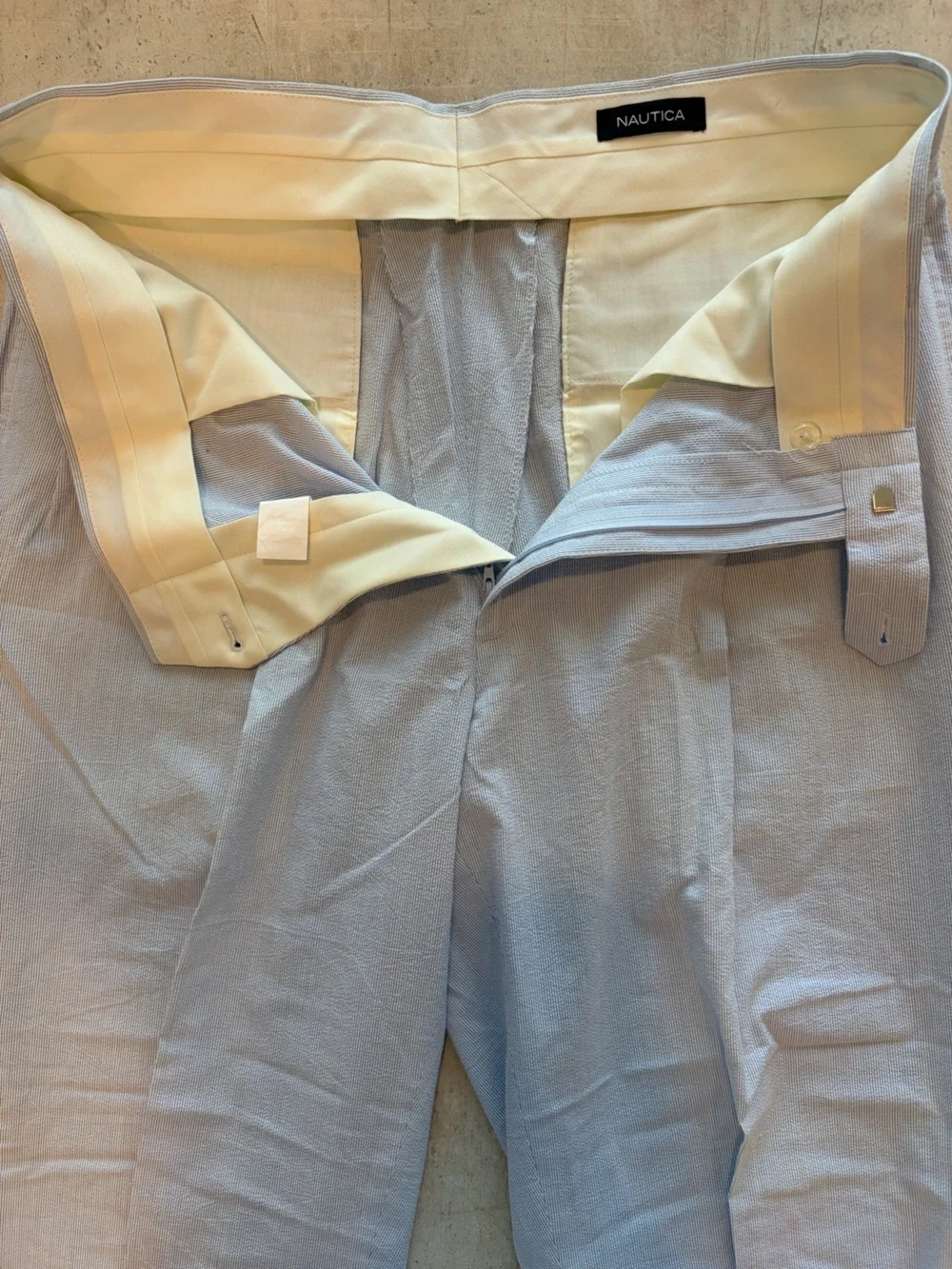 Vintage Nautica Seersucker Pants Men’s 36x32 Blue White Pleated Cuffed Cotton